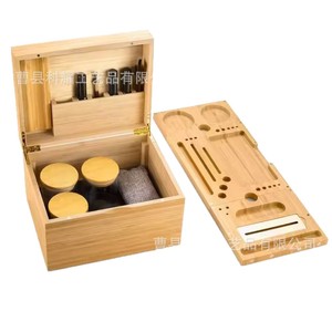 Caja de Almacenamiento de Bambú con Tapa Abatible, Organizador de Herramientas para Tabaco de Doble Capa con Compartimentos para Uso en Escritorio - Product Image 5