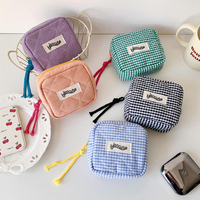 Tas Kosmetik Kotak-kotak Kain Katun Ramah Lingkungan Mini dengan Logo Label Kustom, Resleting, Portabel, Dompet Koin Lucu, Tempat Earphone Kecil
