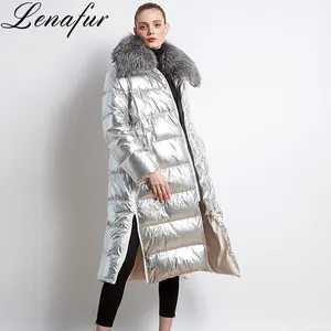 Winter Neue Design Frauen fuchs pelz Lange Mit Kapuze Feder Weiße Ente Unten Jacke Für Frauen ente unten puffer jacken für frauen