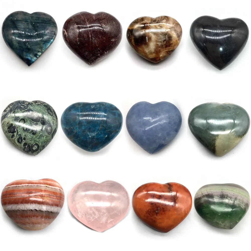 Cristais naturais polidos de todos os tipos, cristais de forma de coração, pedra de labradorite rosa, quartzo para cura de pedras