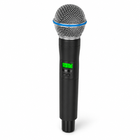 Microphone portable sans fil UHF, alimenté par deux piles AA, faible consommation 118 mA, antenne hélicoïdale intégrée, fonctionnement fiable