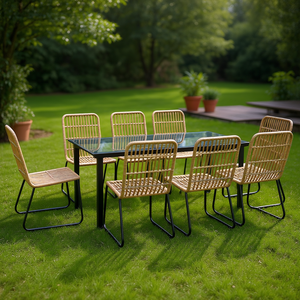 Set da pranzo in acciaio e rattan sintetico nero con tavolo in vetro, mobili da giardino per esterni, 6 posti, stile contemporaneo, resistente alle intemperie - Product Image 2