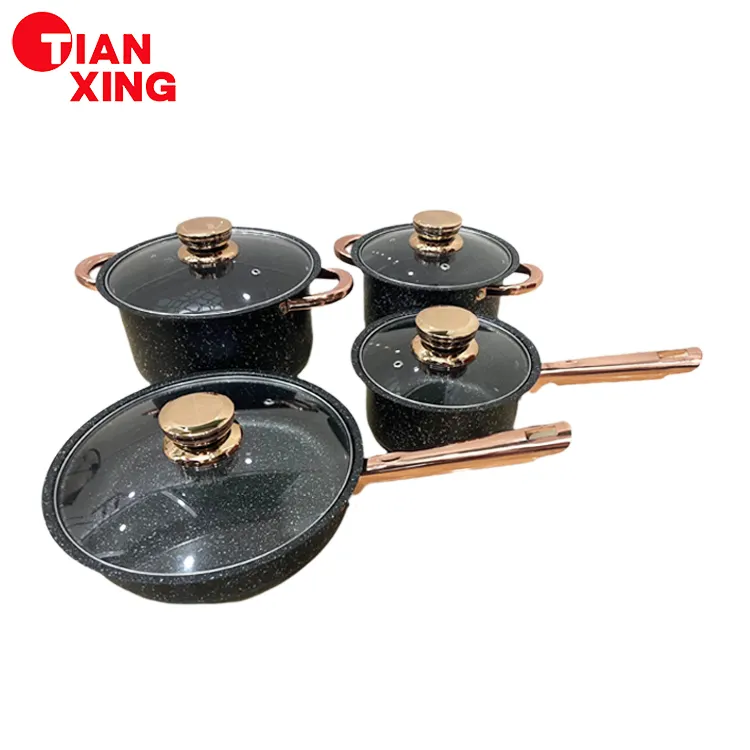 Tianxing Eco-friendly Kitchenware 8 Pcs Cooking Pot And Pan Stock Pot Rose Gold Handle Iron Black Casseroles Cookware Set