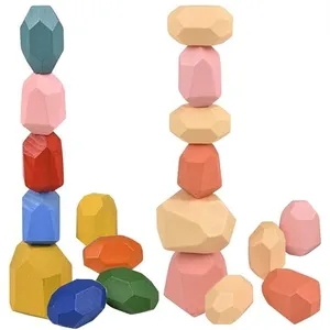 DIY蒙特梭利彩色木制堆叠拼图积木平衡石儿童平衡玩具
