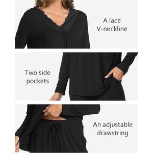 Conjunto de Pijama de Mujer de Viscosa de Bambú Personalizado, Manga Larga, con Ribete de Encaje, Suave, 2 Piezas - Product Image 3