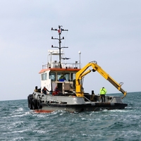 Grue hydraulique articulée durable pour la manutention de barges de construction, de bateaux de travail en eaux intérieures et de terminaux fluviaux
