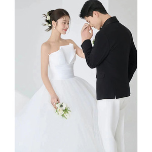 Strapless A-Line White Tulle Wedding Dress Natural Waist Simple Folds Petite Bride Travel Photoshoot Dress - Product Image 1