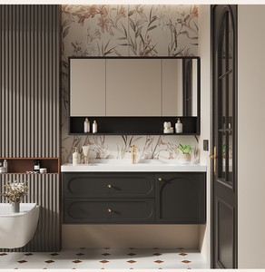 Meuble-lavabo mural de salle de bain de luxe moderne gris foncé laqué en PVC, avec vasque en céramique, miroir et deux tiroirs – Nouveauté 2026 – Fournisseur d'usine - Product Image 1