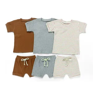 Großhandel Fabrik Sommer Casual lüften weiche Streifen O-Ausschnitt Kurzarm elastische Taille Baby Boy Kleidung Set