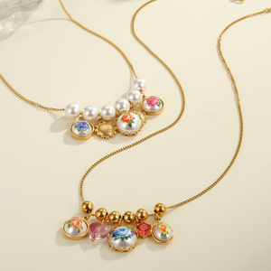 Collar de gota de amor con estampado de perlas Vintage para mujer, collar con colgante múltiple de acero inoxidable con Flor de Oro de 18 quilates para regalo de joyería - Product Image 1