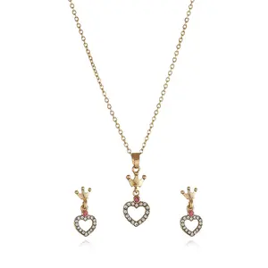 New Children's Alloy Point Diamond Girl Necklace Stud Earrings Set Diamond Crown Love Girl Accessories