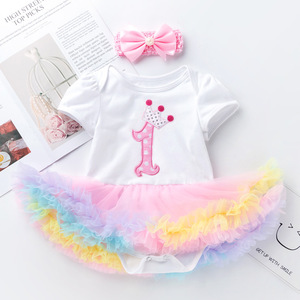 Nuovo Stile Estivo: Tutina in Cotone con Stampa Cartoon per Bambina, Manica Corta, Bianco e Rosa, con Tulle, per Festa del Primo Compleanno, Vendita all'Ingrosso - Product Image 5