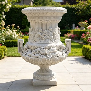 Urna in Marmo Classica Francese con Rilievi di <span class=keywords><strong>Frutta</strong></span> e Figure, Fioriera in Pietra Bianca per Decorazioni di Lusso in Giardini e Club - Product Image 1
