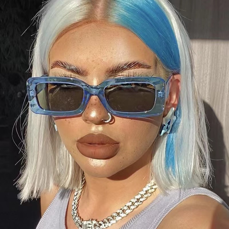 Retro 90s Blue 2023 Rectangle Sunglasses for Women Men display picture 2