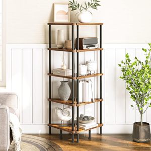 Étagère <span class=keywords><strong>d</strong></span>'<span class=keywords><strong>angle</strong></span> à cinq niveaux, bibliothèque, étagère de présentation <span class=keywords><strong>pour</strong></span> <span class=keywords><strong>plantes</strong></span>, convient <span class=keywords><strong>pour</strong></span> la chambre à coucher, le salon, le bureau, bois naturel brun campagnard - Product Image 1