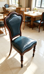 Chaise de salle à manger vintage en bois massif, forme tulipe, avec revêtement en cuir PU vert foncé et garniture à rivets, pieds tournés - Product Image 4