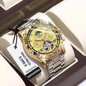 Reloj Mecánico para Hombre POEDAGAR 1412, Tourbillon, Correa de Acero Inoxidable Dorado, Fase Lunar Luminosa, Función de Día, Resistente al Agua y a los Golpes - Product Image 2