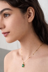 Gold Plated Emerald Cut Oval Pendant Necklace With Lab Created Stone Classic Style For Daily Wear Unisex Jewelry 18 Inches - Product Image 2