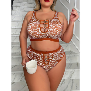 Conjunto de sujetador con estampado de leopardo estilo europeo y americano, con hebilla en forma de corazón, ahuecado, talla grande, sin aros. - Product Image 2