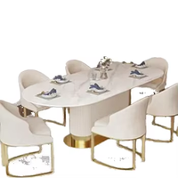 Table à manger ovale avec cadre doré, ensemble en cuir crème, plateau en pierre, élégante, 6 places, pour hôtel, restaurant, personnalisation possible