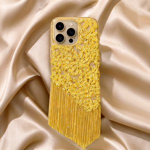 Handmade Luxury Yellow Beaded Floral Embroidery Phone Case with Tassels Rectangular Shape Cotton <b>Foundation</b> - Product Image 1