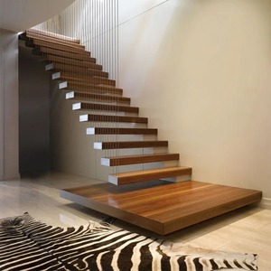 Scala galleggiante moderna di lusso con gradini in legno <span class=keywords><strong>e</strong></span> ringhiera in vetro temperato senza cornice - Product Image 1