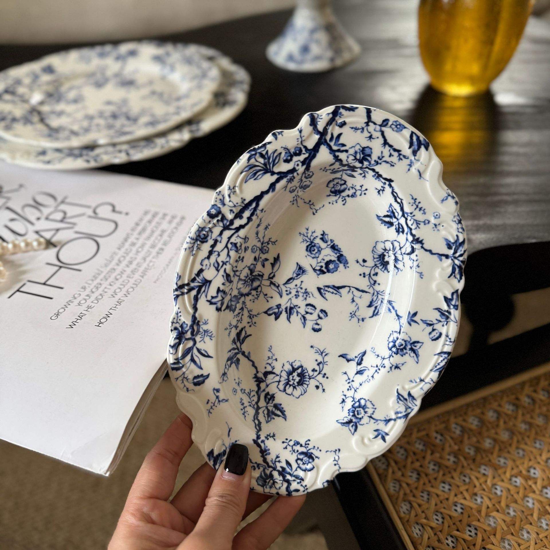 Lace blue and white 8-inch oval deep plate