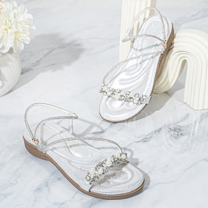 Elegant Glitter Ankle Strap Sandals With Pearl Rhinestone Decoration <b>Open</b> <b>Toe</b> Flat <b>Heel</b> Summer Shoes Cushioned Comfortable - Product Image 4