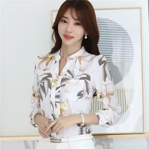 Blusa de manga larga Chifón con para oficina, camisa con estampado Floral para mujer, cuello en V, 2022