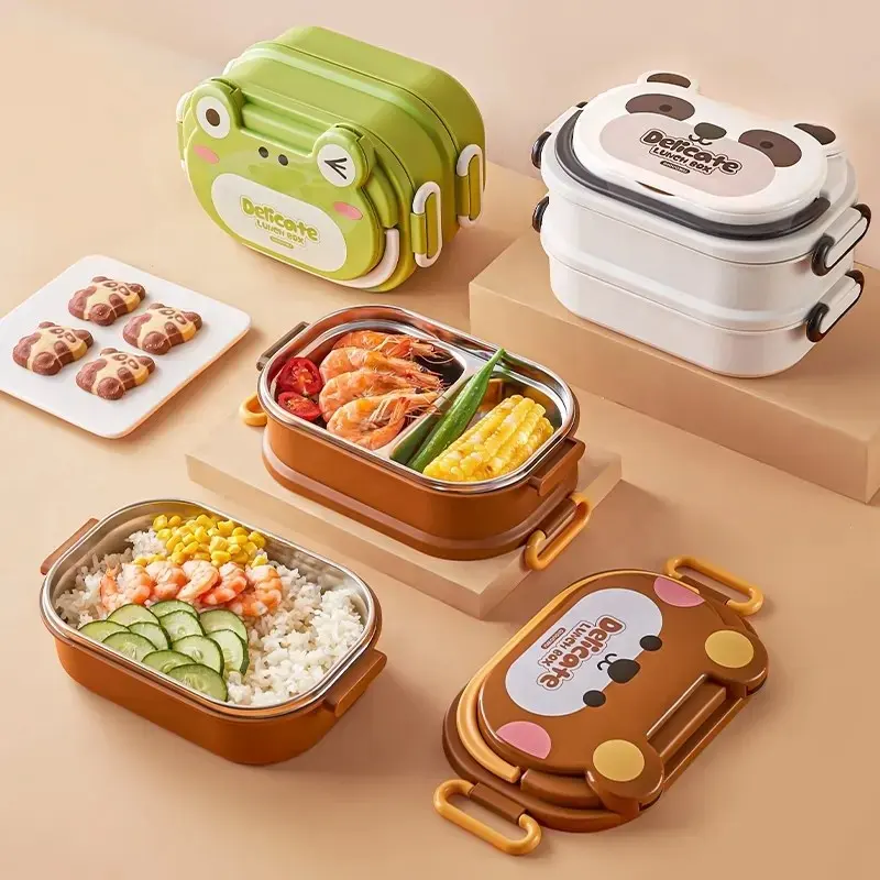 Kawaii Double-layer Food Storage Containers 304 Stainless Steel Insulated Bento Lunch Boxes With Cutlery