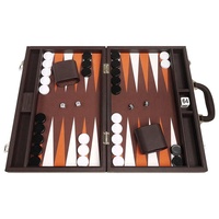 Grand jeu de société classique Plateau de backgammon brun foncé Points blancs et oranges Ensemble de backgammon en cuir de qualité supérieure de 18 pouces