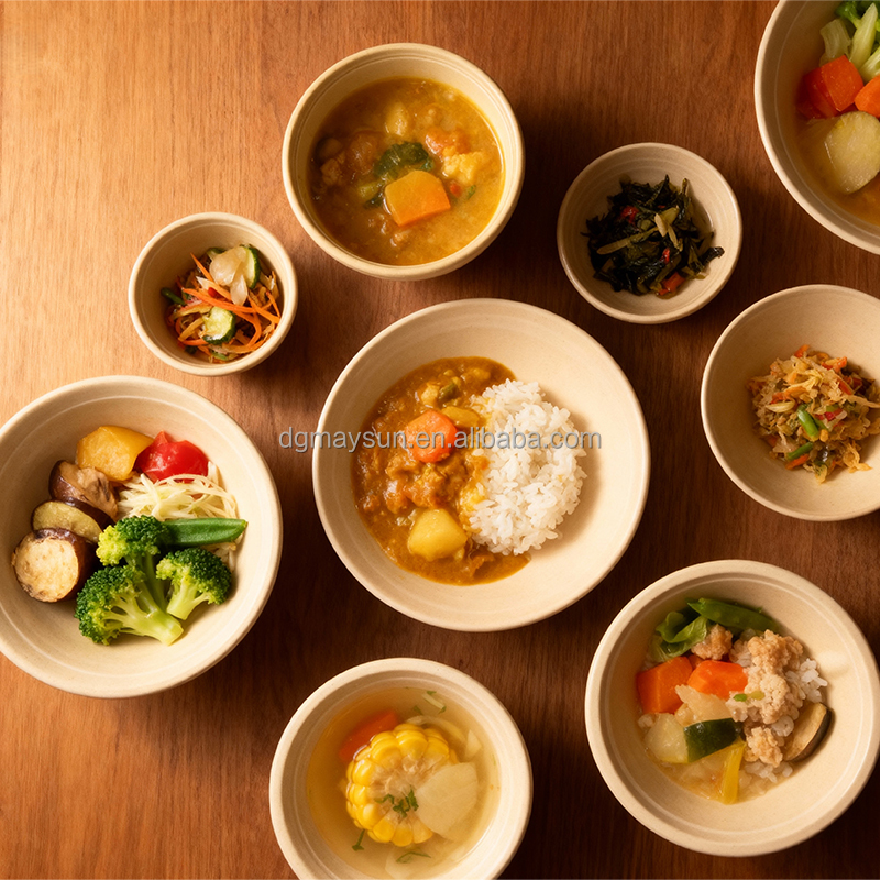 Eco Friendly Biodegradable Disposable Takeaway Food Container Sugarcane Bagasse Pulp Round Soup Salad Bowl