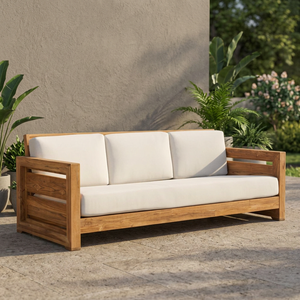 Solid Teak Wood Outdoor Sofa 3 Seater Patio Couch with Thick Cream Fabric Cushions - Product Image 2