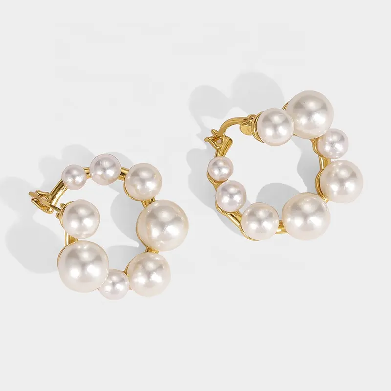 Ins Fashion Temperament Metal Gold-plated Inlaid Irregular Size Round Pearls Earrings