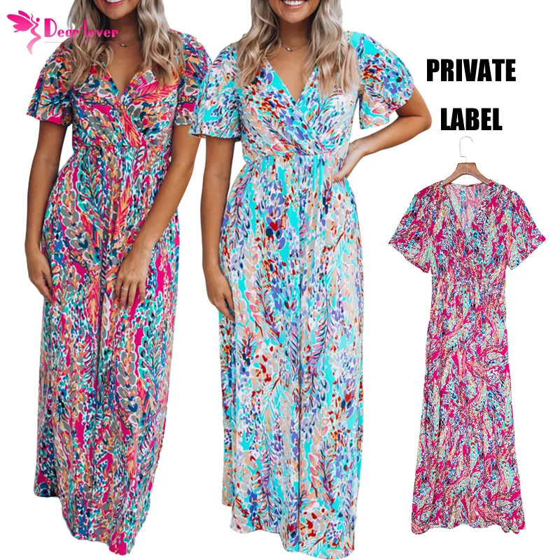 Dear-Lover Private Label Bohemian Dress Wholesale Fashion Women V Neck Long Maxi Floral Print Boho Dress