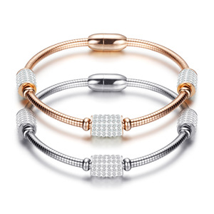 Pulsera de Acero Inoxidable con Incrustaciones de Diamantes Estilo Europeo Americano, 3 mm, Redonda, Cierre Magnético en Oro Rosa, Joyería de Regalo para Mujer - Product Image 2