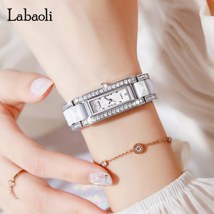 Montre élégante pour femme en acier inoxydable carré, style bracelet orné de cristaux, cadran en céramique de 18 mm, montre à quartz étanche - Product Image 6