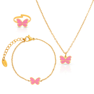 Chris April 3 Stuks Roze Emaille Vlinder <span class=keywords><strong>Kids</strong></span> Schattige Vergulde Armband Ketting Kind Sieraden <span class=keywords><strong>Set</strong></span> - Product Image 2