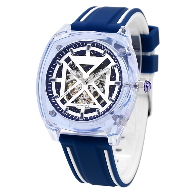 OEM Square Crystal Automatic Mechanical Watch for Men Luxury Transparent Plastic Case Rubber Strap Watch