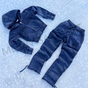 Custom <b>Zip</b> <b>up</b> Hoodie and Jogger Pants Set Cotton French Terry Distress Embroidery Logo <b>Cropped</b> Sweatsuit Set Tracksuit for Women - Product Image 2