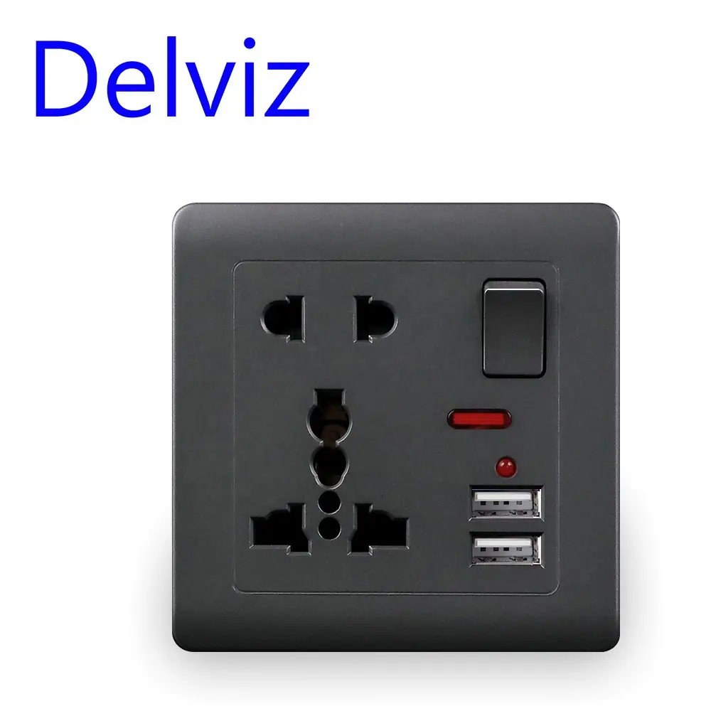 Delviz 13A مأخذ التيار الكهربائي ، AC 110V ~ 250V ، دفع زر التحكم ، 2.1A شاحن مزدوج ميناء ، الدولي العالمي USB مقبس الحائط