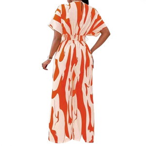 Completo da donna elegante primaverile con stampa all-over, scollo a V, maniche a mezza lunghezza e pantaloni ampi in poliestere ed elastan, stile europeo-americano per il commercio estero - Product Image 5