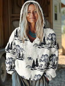 <span class=keywords><strong>Pull</strong></span> à capuche pour femme motif paysage montagneux 2026, col en <span class=keywords><strong>V</strong></span>, manches longues, imprimé croquis, 100 % polyester, idéal pour l'extérieur et le style zen - Product Image 1