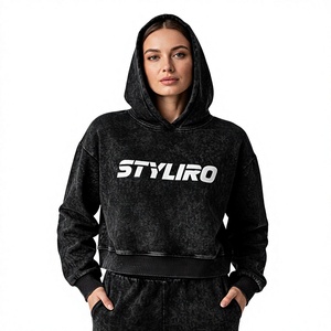 Sweat-shirt à capuche pour femme en mélange de coton, noir délavé, imprimé lettres, décontracté, pour l'automne - Product Image 1