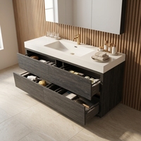 Set Kabinet Kamar Mandi Kayu Modern Eropa yang Dipasang di Dinding dengan Wastafel Ganda