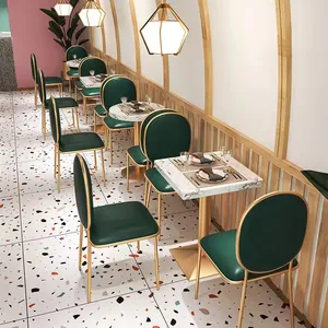 Luce su misura all'ingrosso ristorante di lusso bar panetteria tavolo di legno e verde sedia da pranzo con gamba in metallo doppio stand divano Set