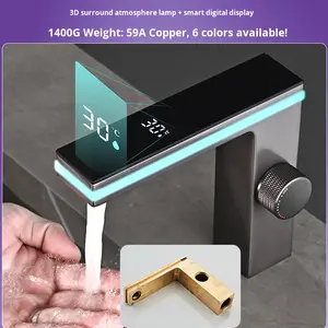 Pantalla <span class=keywords><strong>digital</strong></span> inteligente de latón, LED luz ambiental, grifo de lavabo caliente <span class=keywords><strong>y</strong></span> frío para lavabo de baño, manija de una sola rueda, montaje en cubierta - Product Image 2