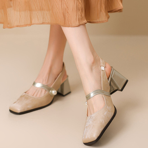 Large <b>Size</b> 48 Women Square Toe Satin Sandals Party Back Strap 6cm Chunky High <b>Heels</b> Wide Fit Pearl Buckle Shoes - Product Image 3