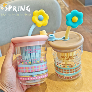 Gelas Tumbler Kaca Borosilikat Tinggi 500ml Motif Bunga Anti Bocor dengan Sedotan, Aman untuk Mesin Cuci Piring dan Microwave, Kapasitas Besar, Cangkir Kantor, Lucu - Product Image 2