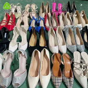 Second Hand Women Pumps High Heels Shoes Fashion Lady Wedding Shoes Thin Heel Pumps With Rhinestone PU Adult Leather Bundle 50KG